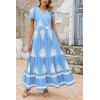 imagePRETTYGARDEN Womens Summer Casual V Neck Boho Maxi Dress Flowy Aline Bell Sleeve Tiered Floral Dresses with PocketFloral Sky Blue White