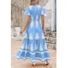 imagePRETTYGARDEN Womens Summer Casual V Neck Boho Maxi Dress Flowy Aline Bell Sleeve Tiered Floral Dresses with PocketFloral Sky Blue White