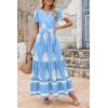imagePRETTYGARDEN Womens Summer Casual V Neck Boho Maxi Dress Flowy Aline Bell Sleeve Tiered Floral Dresses with PocketFloral Sky Blue White