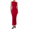imagePRETTYGARDEN Womens Summer Wedding Guest Dresses 2025 Sleeveless Ruched Bodycon Fitted Maxi Long Cocktail Dress with SlitRed