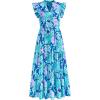 imagePRETTYGARDEN Womens 2025 Summer Floral Midi Dress Cap Sleeve V Neck Ruffle Long Flowy Boho Casual Beach Vacation DressesFloral Purple Blue