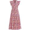 imagePRETTYGARDEN Womens 2025 Summer Floral Midi Dress Cap Sleeve V Neck Ruffle Long Flowy Boho Casual Beach Vacation DressesFloral Wine Red