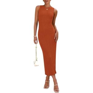 imagePRETTYGARDEN Womens 2025 Summer Casual Maxi Dresses Ribbed Knit Sleeveless Bodycon Long Elegant Party Going Out SundressBrick Red