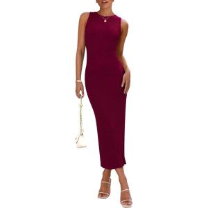 imagePRETTYGARDEN Womens 2025 Summer Casual Maxi Dresses Ribbed Knit Sleeveless Bodycon Long Elegant Party Going Out SundressWine Red