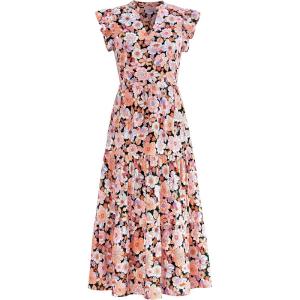 imagePRETTYGARDEN Womens 2025 Summer Floral Midi Dress Cap Sleeve V Neck Ruffle Long Flowy Boho Casual Beach Vacation DressesFloral Black Apricot