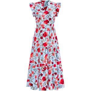imagePRETTYGARDEN Womens 2025 Summer Floral Midi Dress Cap Sleeve V Neck Ruffle Long Flowy Boho Casual Beach Vacation DressesFloral Blue Red