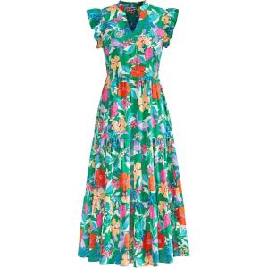 imagePRETTYGARDEN Womens 2025 Summer Floral Midi Dress Cap Sleeve V Neck Ruffle Long Flowy Boho Casual Beach Vacation DressesFloral Green Orange