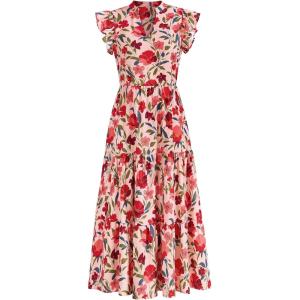 imagePRETTYGARDEN Womens 2025 Summer Floral Midi Dress Cap Sleeve V Neck Ruffle Long Flowy Boho Casual Beach Vacation DressesFloral Orange Pink Red