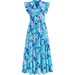 imagePRETTYGARDEN Womens 2025 Summer Floral Midi Dress Cap Sleeve V Neck Ruffle Long Flowy Boho Casual Beach Vacation DressesFloral Purple Blue