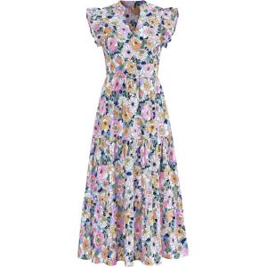 imagePRETTYGARDEN Womens 2025 Summer Floral Midi Dress Cap Sleeve V Neck Ruffle Long Flowy Boho Casual Beach Vacation DressesFloral Purple Pink