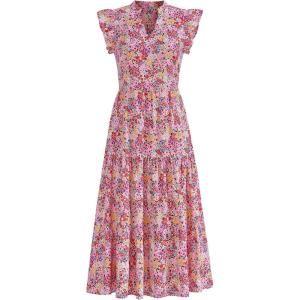 imagePRETTYGARDEN Womens 2025 Summer Floral Midi Dress Cap Sleeve V Neck Ruffle Long Flowy Boho Casual Beach Vacation DressesFloral Wine Red