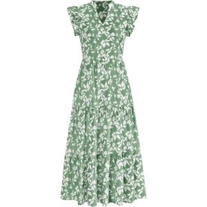 imagePRETTYGARDEN Womens 2025 Summer Floral Midi Dress Cap Sleeve V Neck Ruffle Long Flowy Boho Casual Beach Vacation DressesLeaves Light Green