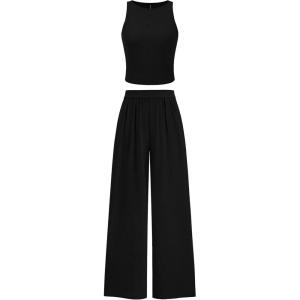 imagePRETTYGARDEN Womens Summer 2 Piece Sets Ribbed Knit Crew Neck Sleeveless Crop Tank Tops Wide Leg Pants Casual Lounge SetBlack