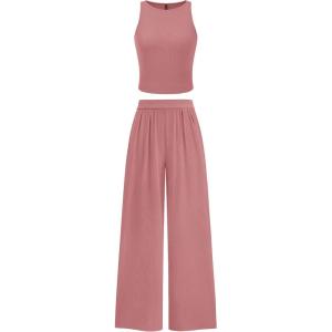 imagePRETTYGARDEN Womens Summer 2 Piece Sets Ribbed Knit Crew Neck Sleeveless Crop Tank Tops Wide Leg Pants Casual Lounge SetDusty Pink
