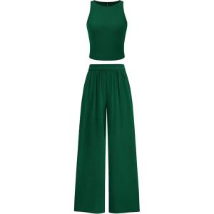 imagePRETTYGARDEN Womens Summer 2 Piece Sets Ribbed Knit Crew Neck Sleeveless Crop Tank Tops Wide Leg Pants Casual Lounge SetGreen