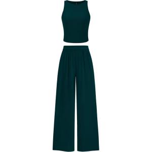 imagePRETTYGARDEN Womens Summer 2 Piece Sets Ribbed Knit Crew Neck Sleeveless Crop Tank Tops Wide Leg Pants Casual Lounge SetLake Blue