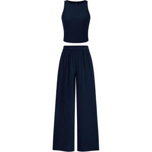 imagePRETTYGARDEN Womens Summer 2 Piece Sets Ribbed Knit Crew Neck Sleeveless Crop Tank Tops Wide Leg Pants Casual Lounge SetNavy