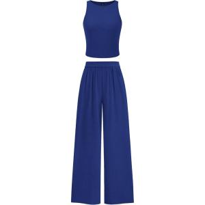 imagePRETTYGARDEN Womens Summer 2 Piece Sets Ribbed Knit Crew Neck Sleeveless Crop Tank Tops Wide Leg Pants Casual Lounge SetRoyal Blue