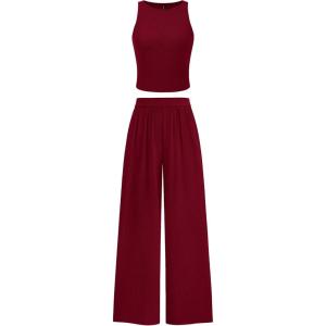 imagePRETTYGARDEN Womens Summer 2 Piece Sets Ribbed Knit Crew Neck Sleeveless Crop Tank Tops Wide Leg Pants Casual Lounge SetWine Red