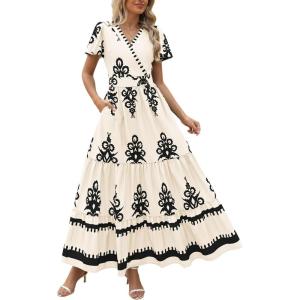 imagePRETTYGARDEN Womens Summer Casual V Neck Boho Maxi Dress Flowy Aline Bell Sleeve Tiered Floral Dresses with PocketFloral Apricot Black