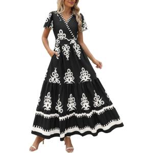 imagePRETTYGARDEN Womens Summer Casual V Neck Boho Maxi Dress Flowy Aline Bell Sleeve Tiered Floral Dresses with PocketFloral Black White