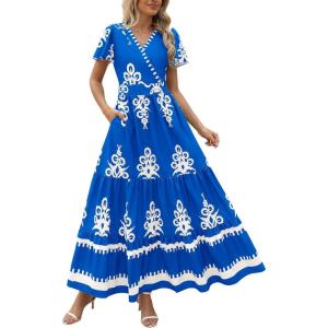 imagePRETTYGARDEN Womens Summer Casual V Neck Boho Maxi Dress Flowy Aline Bell Sleeve Tiered Floral Dresses with PocketFloral Royal Blue White
