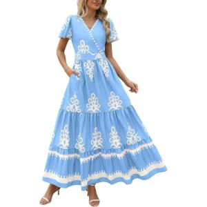 imagePRETTYGARDEN Womens Summer Casual V Neck Boho Maxi Dress Flowy Aline Bell Sleeve Tiered Floral Dresses with PocketFloral Sky Blue White