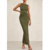 imagePRETTYGARDEN Womens 2025 Summer Semi Formal Midi Dresses Sleeveless Ruched Bodycon Slit Long Elegant Cocktail Party DressArmy Green
