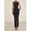 imagePRETTYGARDEN Womens 2025 Summer Semi Formal Midi Dresses Sleeveless Ruched Bodycon Slit Long Elegant Cocktail Party DressBlack