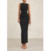 imagePRETTYGARDEN Womens 2025 Summer Semi Formal Midi Dresses Sleeveless Ruched Bodycon Slit Long Elegant Cocktail Party DressBlack