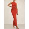 imagePRETTYGARDEN Womens 2025 Summer Semi Formal Midi Dresses Sleeveless Ruched Bodycon Slit Long Elegant Cocktail Party DressBrick Red