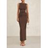imagePRETTYGARDEN Womens 2025 Summer Semi Formal Midi Dresses Sleeveless Ruched Bodycon Slit Long Elegant Cocktail Party DressCoffee