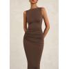imagePRETTYGARDEN Womens 2025 Summer Semi Formal Midi Dresses Sleeveless Ruched Bodycon Slit Long Elegant Cocktail Party DressCoffee