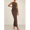 imagePRETTYGARDEN Womens 2025 Summer Semi Formal Midi Dresses Sleeveless Ruched Bodycon Slit Long Elegant Cocktail Party DressCoffee