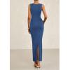imagePRETTYGARDEN Womens 2025 Summer Semi Formal Midi Dresses Sleeveless Ruched Bodycon Slit Long Elegant Cocktail Party DressDark Blue