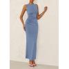 imagePRETTYGARDEN Womens 2025 Summer Semi Formal Midi Dresses Sleeveless Ruched Bodycon Slit Long Elegant Cocktail Party DressGrey Blue