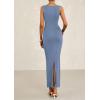 imagePRETTYGARDEN Womens 2025 Summer Semi Formal Midi Dresses Sleeveless Ruched Bodycon Slit Long Elegant Cocktail Party DressGrey Blue