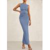 imagePRETTYGARDEN Womens 2025 Summer Semi Formal Midi Dresses Sleeveless Ruched Bodycon Slit Long Elegant Cocktail Party DressGrey Blue