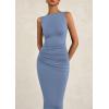 imagePRETTYGARDEN Womens 2025 Summer Semi Formal Midi Dresses Sleeveless Ruched Bodycon Slit Long Elegant Cocktail Party DressGrey Blue