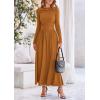 imagePRETTYGARDEN Womens Spring Casual Long Sleeve Maxi Dresses Crewneck Ruched A Line Flowy Elegant Modest Going Out DressBrown Yellow
