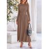imagePRETTYGARDEN Womens Spring Casual Long Sleeve Maxi Dresses Crewneck Ruched A Line Flowy Elegant Modest Going Out DressKhaki
