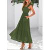 imagePRETTYGARDEN Womens Summer Square Neck Maxi Dresses Cap Sleeve Eyelet Smocked Tiered A Line Flowy Long Dress with PocketsArmy Green
