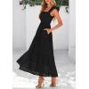 imagePRETTYGARDEN Womens Summer Square Neck Maxi Dresses Cap Sleeve Eyelet Smocked Tiered A Line Flowy Long Dress with PocketsBlack