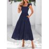 imagePRETTYGARDEN Womens Summer Square Neck Maxi Dresses Cap Sleeve Eyelet Smocked Tiered A Line Flowy Long Dress with PocketsNavy