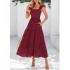 imagePRETTYGARDEN Womens Summer Square Neck Maxi Dresses Cap Sleeve Eyelet Smocked Tiered A Line Flowy Long Dress with PocketsWine Red