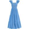 imagePRETTYGARDEN Womens Summer Square Neck Maxi Dresses Cap Sleeve Eyelet Smocked Tiered A Line Flowy Long Dress with PocketsLight Blue