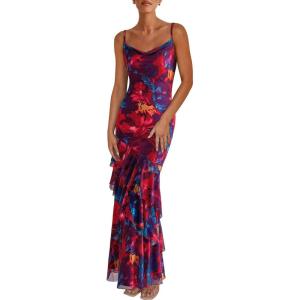 imagePRETTYGARDEN Maxi Dresses for Women 2025 Summer Tiered Floral Beach Sundress Spaghetti Strap Wedding Guest Long DressNavy Red Big Floral