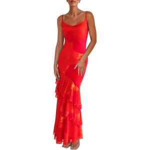 imagePRETTYGARDEN Maxi Dresses for Women 2025 Summer Tiered Floral Beach Sundress Spaghetti Strap Wedding Guest Long DressOrange Red Big Floral