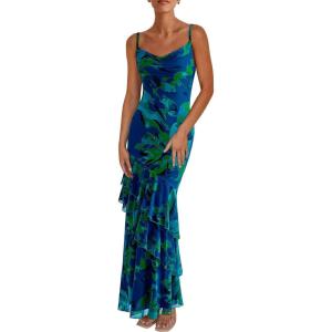 imagePRETTYGARDEN Maxi Dresses for Women 2025 Summer Tiered Floral Beach Sundress Spaghetti Strap Wedding Guest Long DressPrint Blue Green