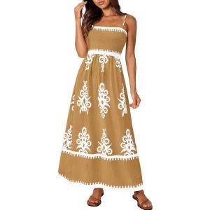 imagePRETTYGARDEN Summer Dress for Women 2025 Floral Sundress Spaghetti Strap Flowy Beach Vacation Boho Maxi DressesKhaki Floral